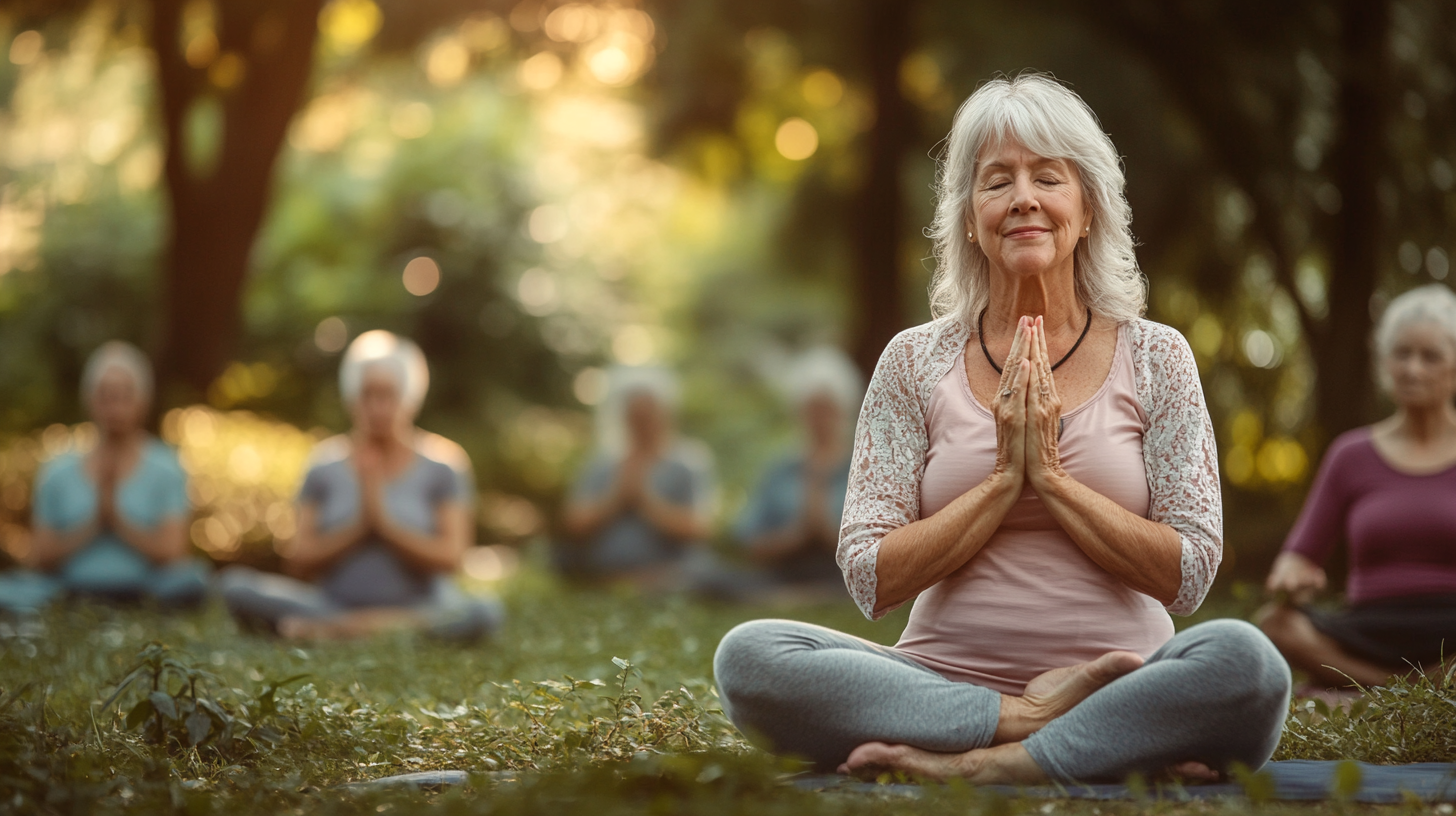 Група людей практикує йогу біля озера